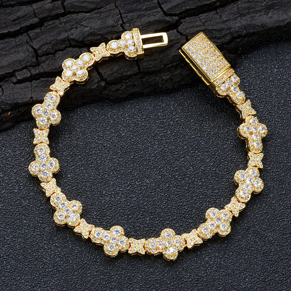 10mm Iced Out Cross and Star Tennis Chain Bracelet Gold Plating