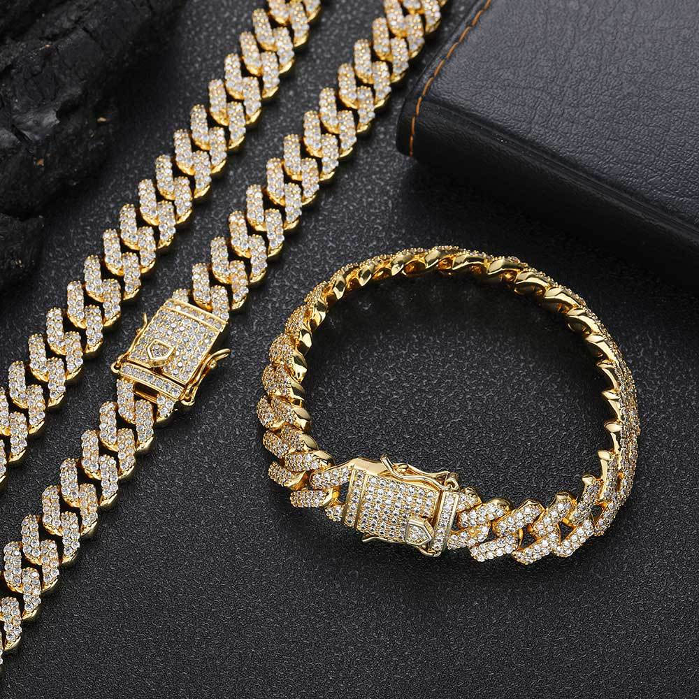 12mm 2 row prong cuban link necklace & bracelet