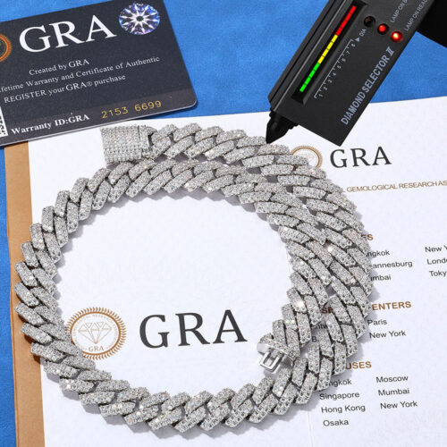 14mm 2 row moissanite 925 silver prong cuban link