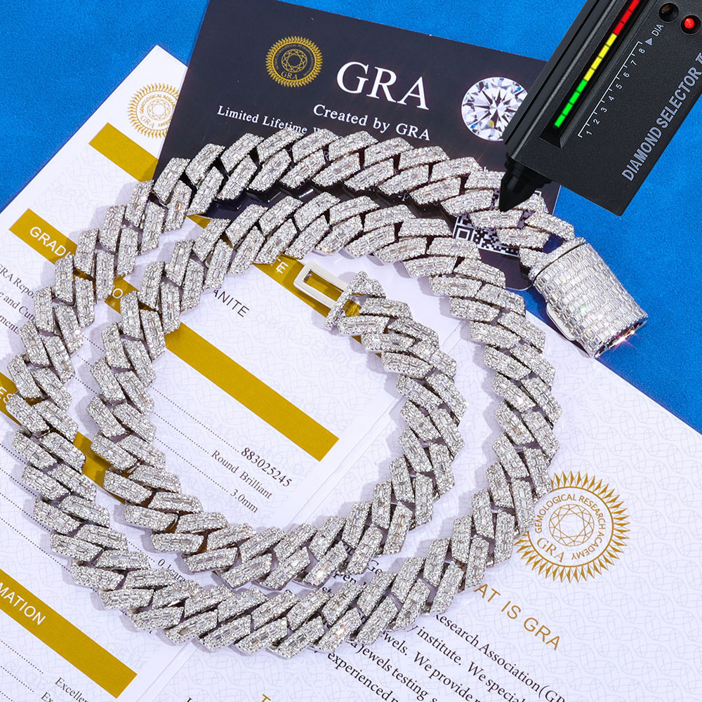 14mm baguette & round moissanite cuban link chain