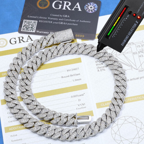 14mm Iced Out Moissanite Sterling Silver Cuban Chain Necklace Rhodium Plating