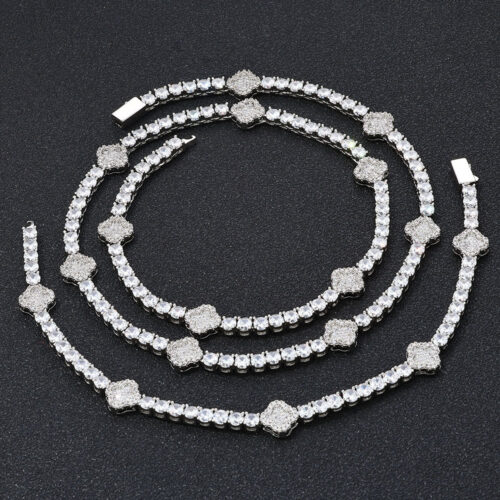 4mm Micro Pave Clover Tennis Link Chain & Bracelet Rhodium Plating