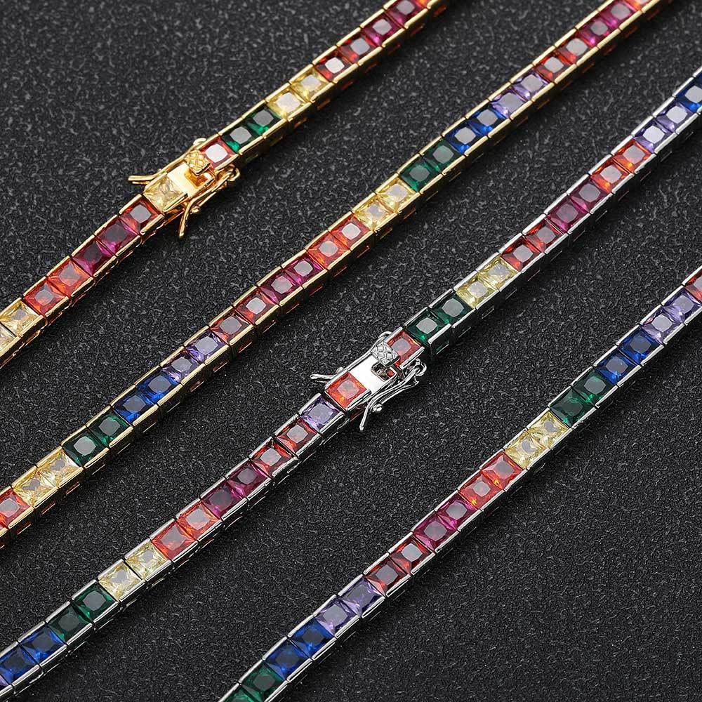 4mm princess cut rainbow cz tennis link chain