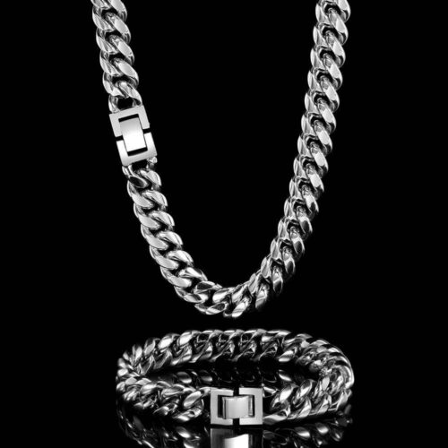 6mm-18mm Hip Hop Cuban Necklace & Bracelet Silver Plating