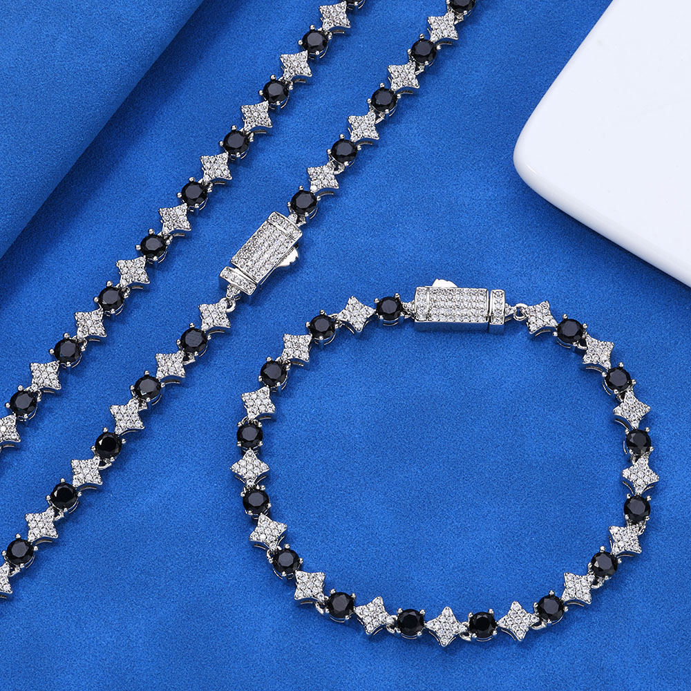 6mm Iced Out Black Moissanite Brass Star Tennis Chain & Bracelet Rhodium Plating