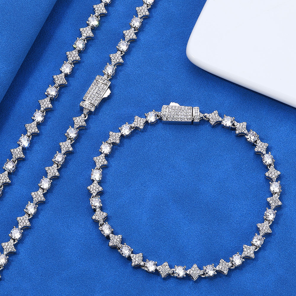6mm Iced Out Moissanite Brass Star Tennis Chain & Bracelet Rhodium Plating