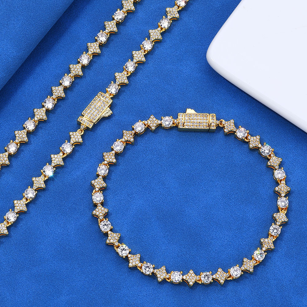 6mm Iced Out Moissanite Brass Tennis Chain & Bracelet Gold Plated