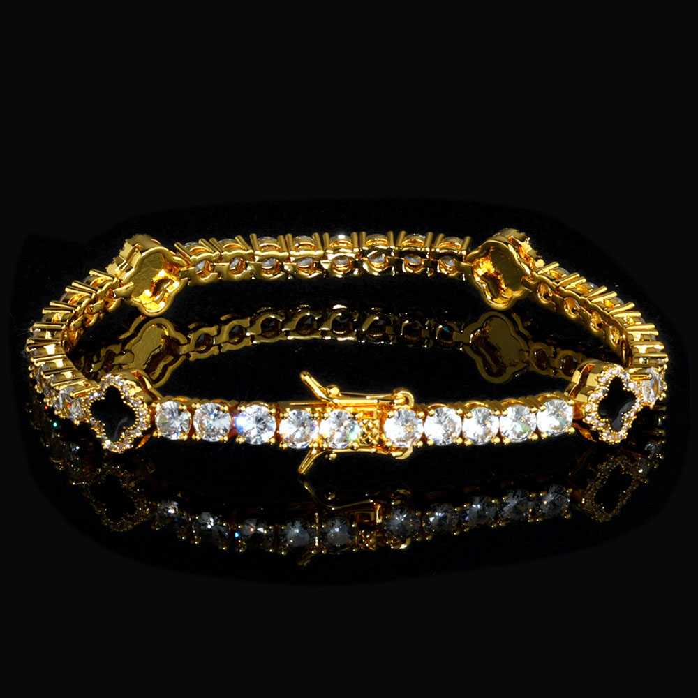 Black Clover Iced Out Cubic Zirconia Tennis Chain Bracelet 18k Gold Plating