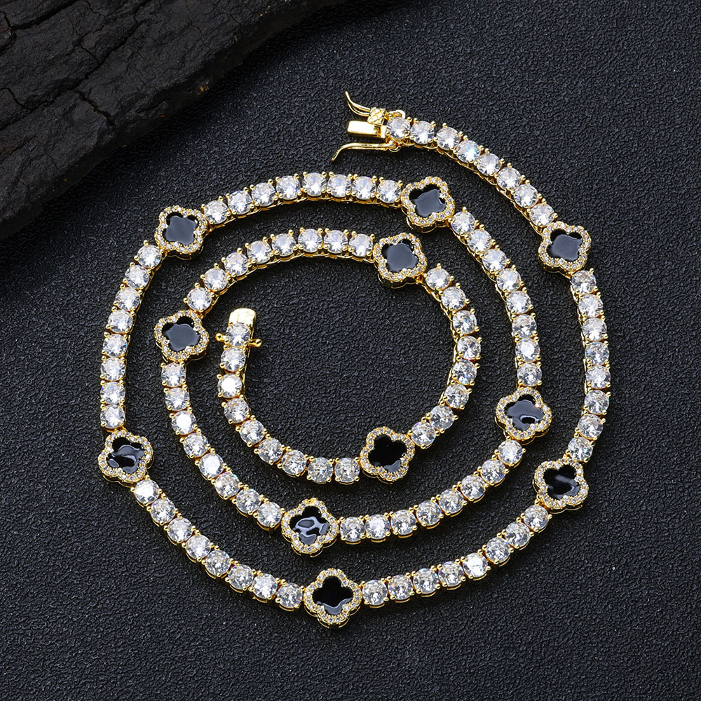 Black Clover Iced Out Cubic Zirconia Tennis Chain Necklace 18k Gold Plating