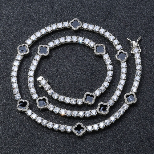 Black Clover Iced Out Cubic Zirconia Tennis Chain Necklace Rhodium Plating