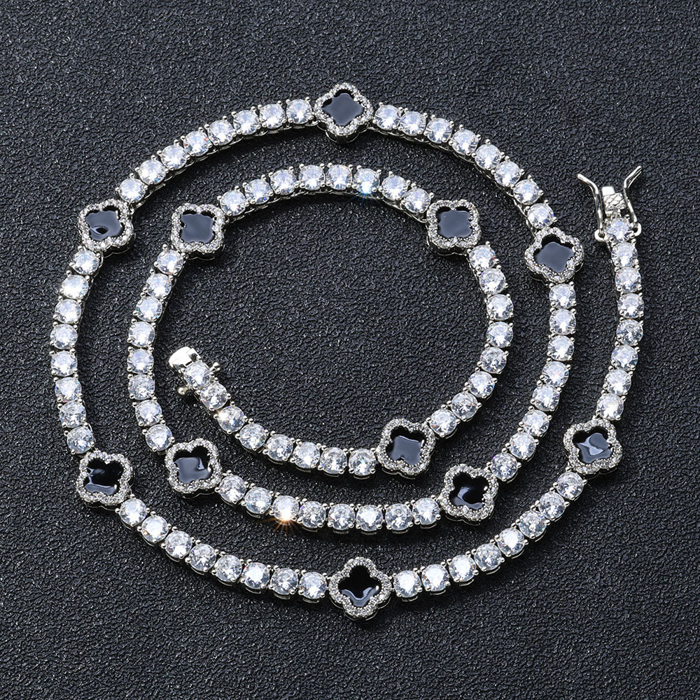 Black Clover Iced Out Cubic Zirconia Tennis Chain Necklace Rhodium Plating
