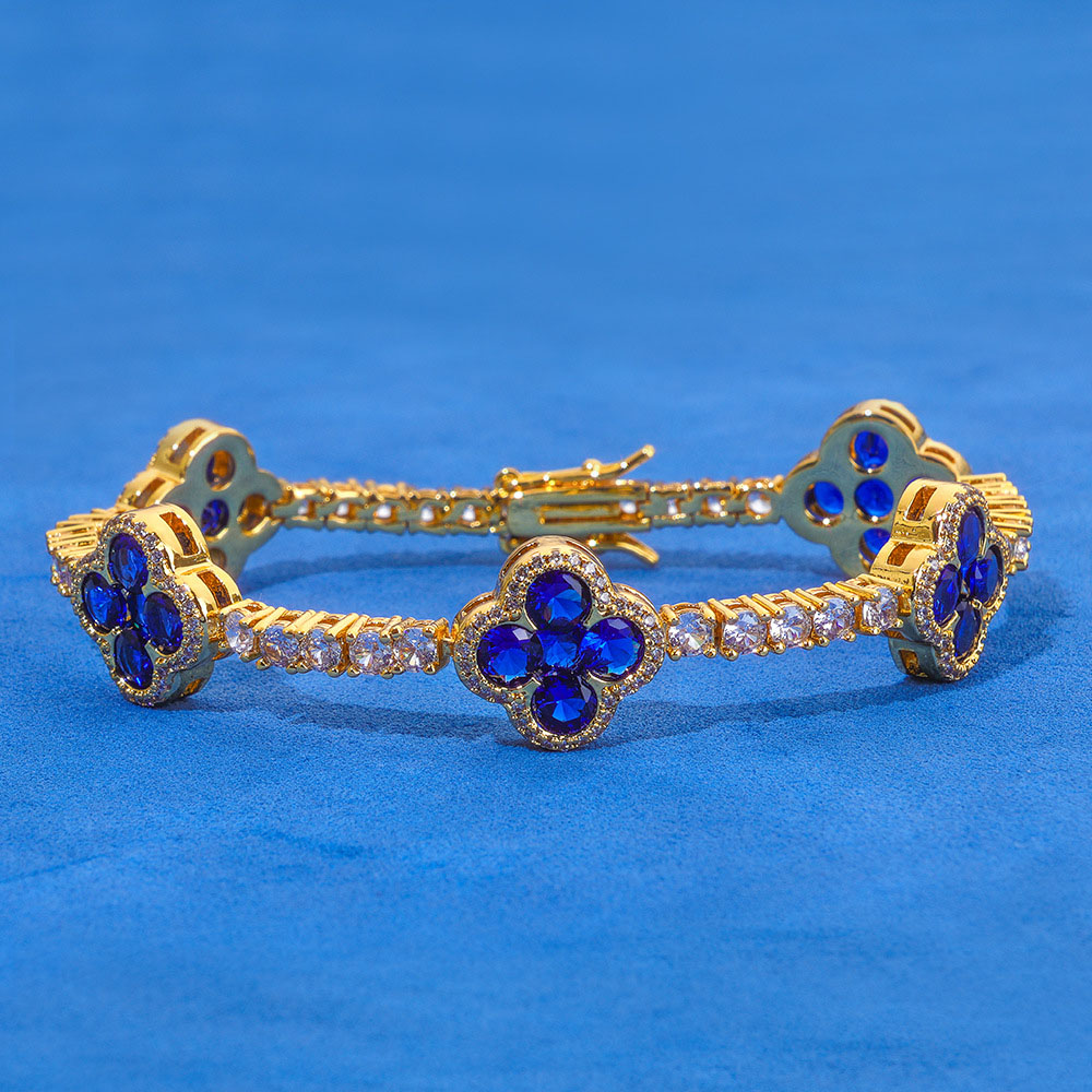 Blue Clover Iced Out Tennis Link Bracelet Gold Plating