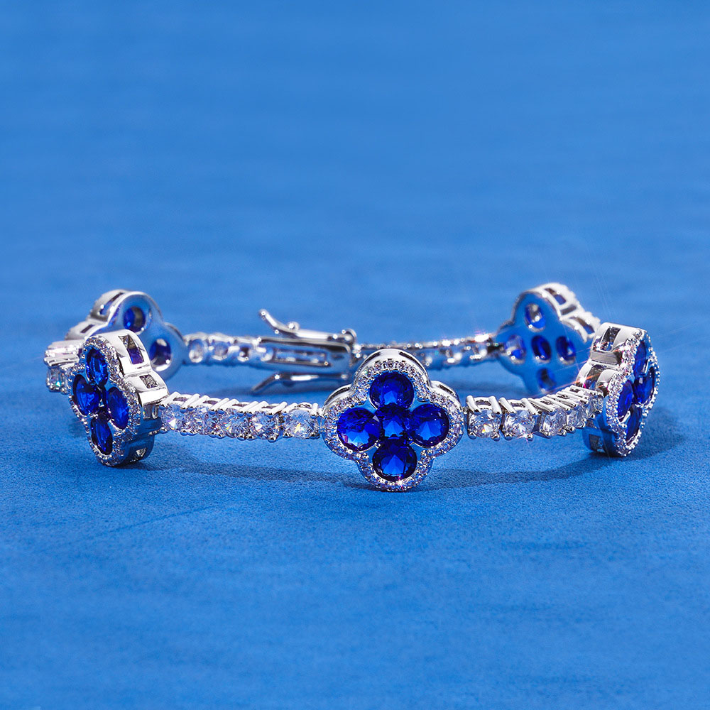Blue Clover Iced Out Tennis Link Bracelet Rhodium Plating