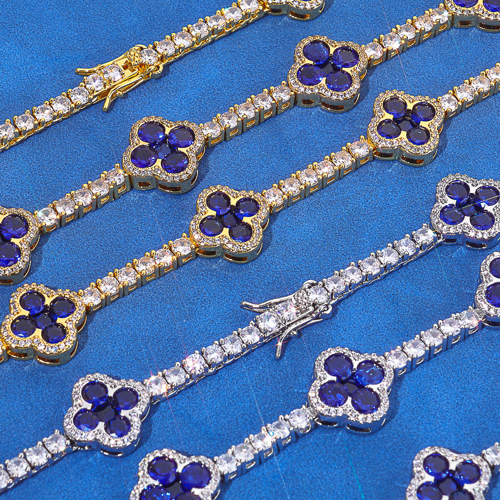 Blue Clover Iced Out Tennis Link for Necklace and Bracelet Wholesale