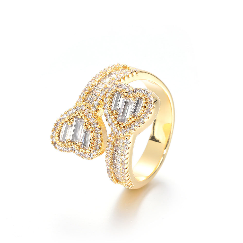 Cubic Zirconia Baguette Bypass Heart Ring Gold Plating