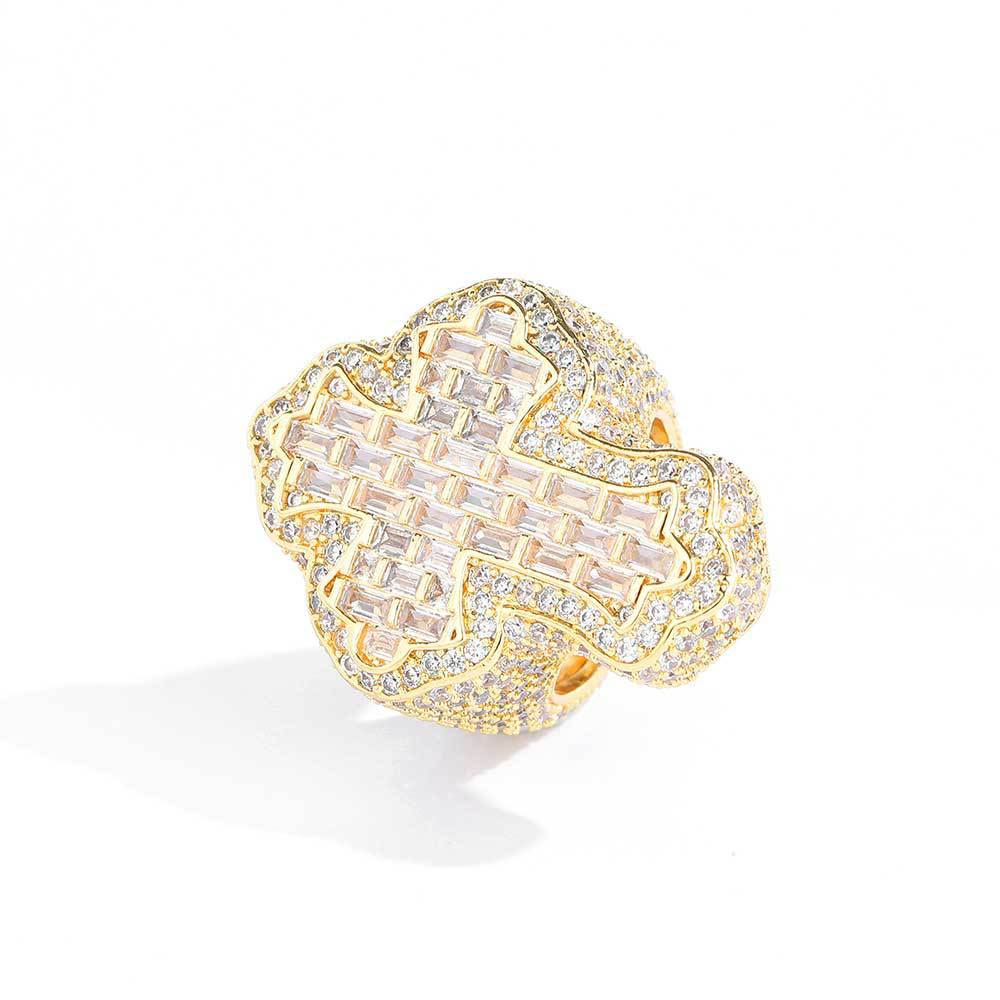 Cubic Zirconia Baguette Cross Ring for Men Gold Plating