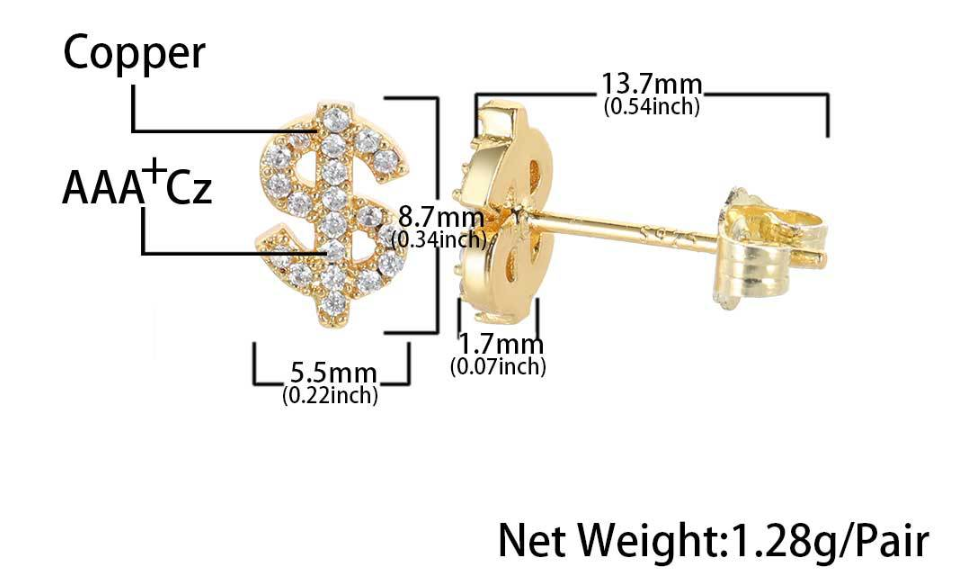Cubic Zirconia Dollar Sign Stud Earring Factory