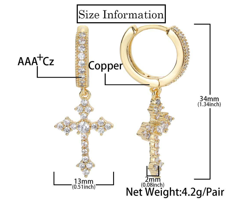 Cubic Zirconia Hoop Earrings with Cross Drop Size