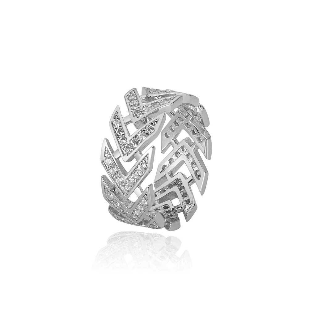 Cubic Zirconia Iced Out Arrow Band Ring Silver Plating