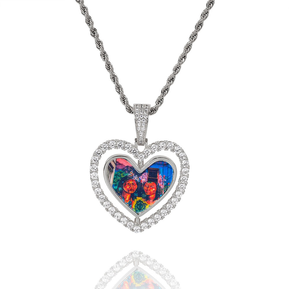 Custom 2-Sided Rotating Heart Photo Pendant Silver Plating