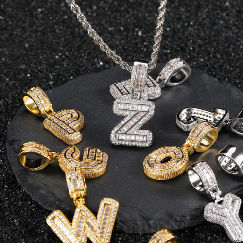 Custom Iced Out Baguette Initial Letter Pendant Necklace Wholesale