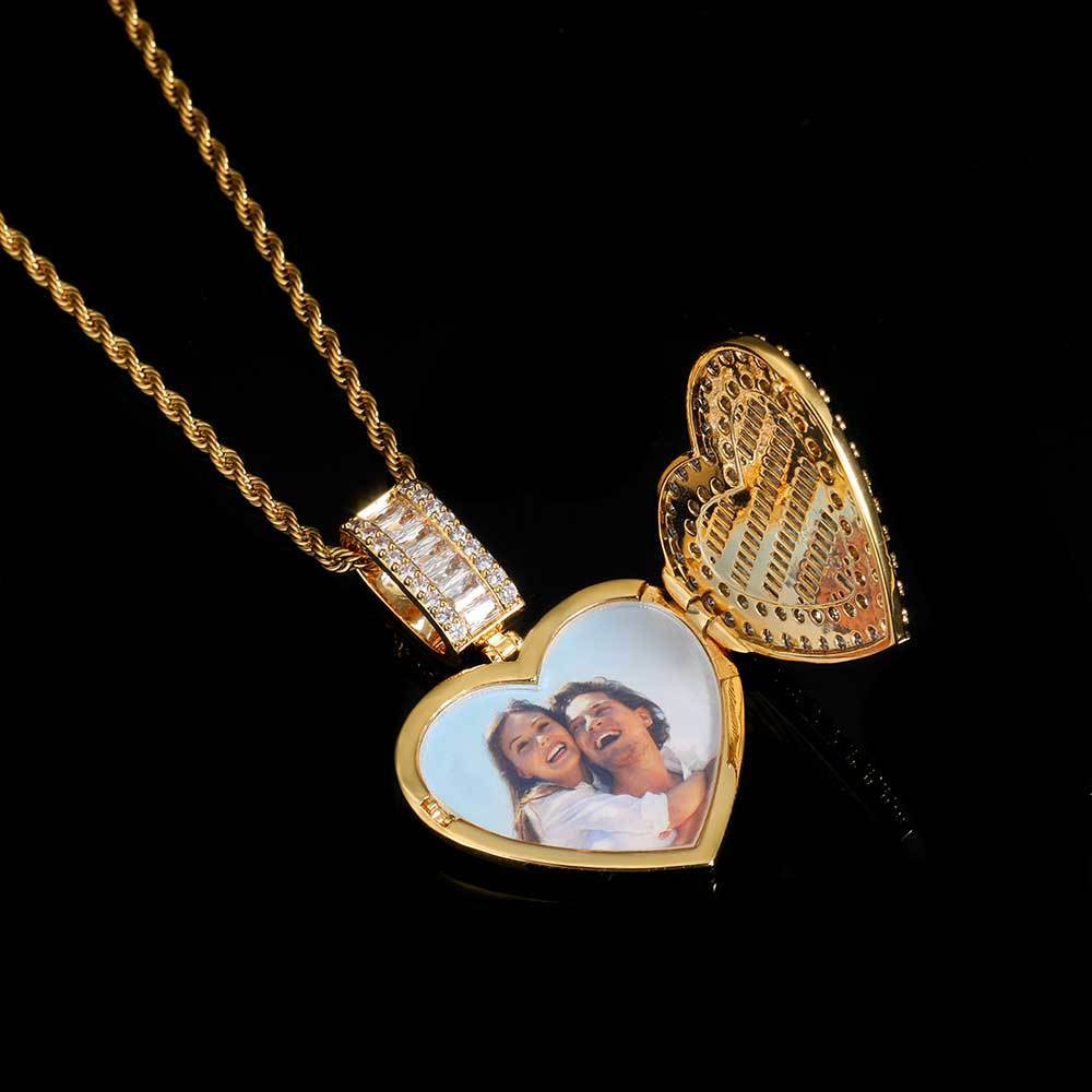 Custom Iced Out Heart Locket Photo Pendant Gold Plating