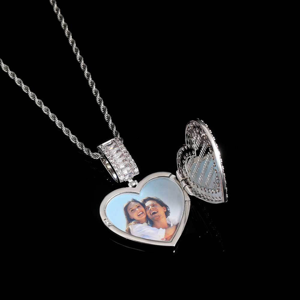 Custom Iced Out Heart Locket Photo Pendant Silver Plating