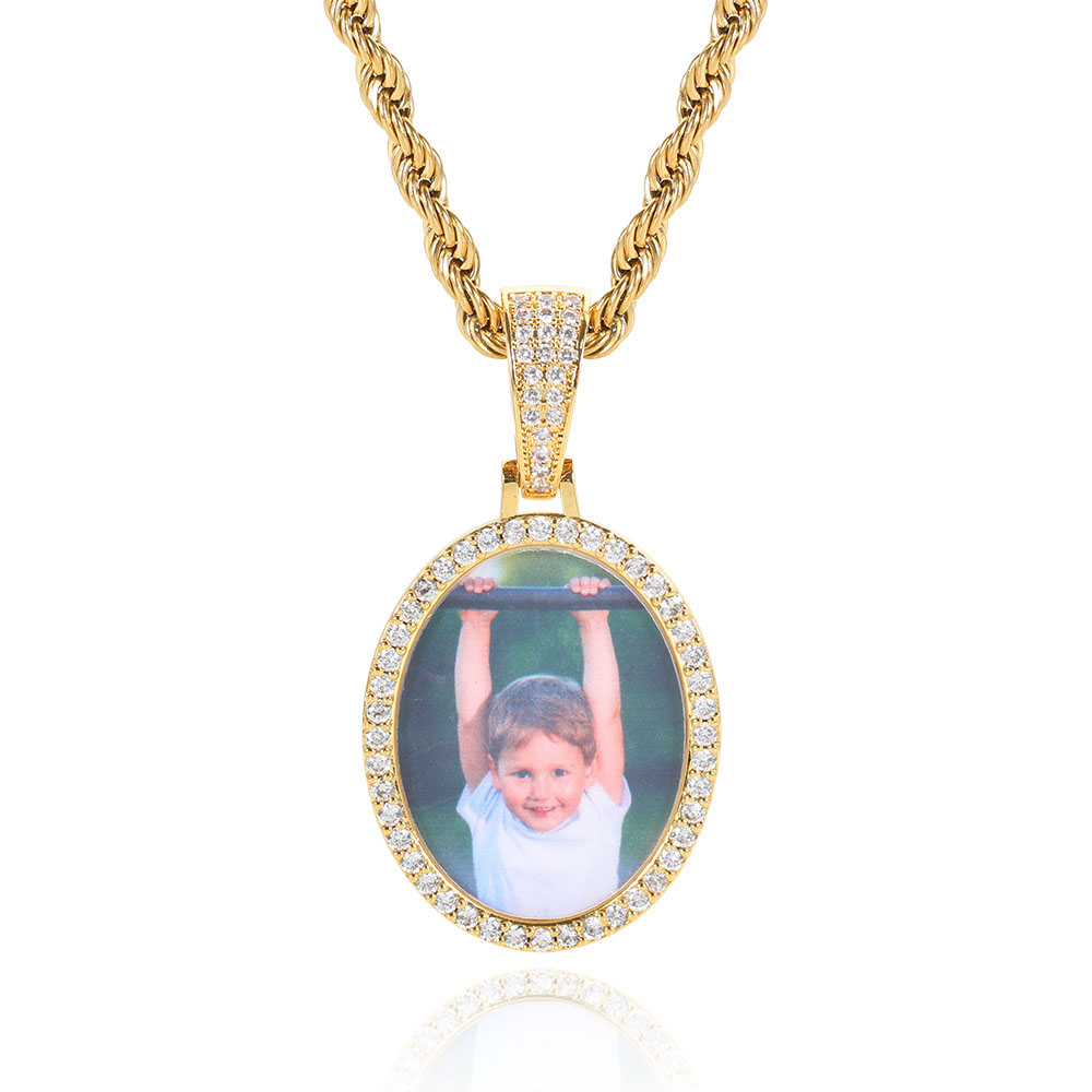 Custom Iced Out Oval Photo Pendant Necklace Gold Plating