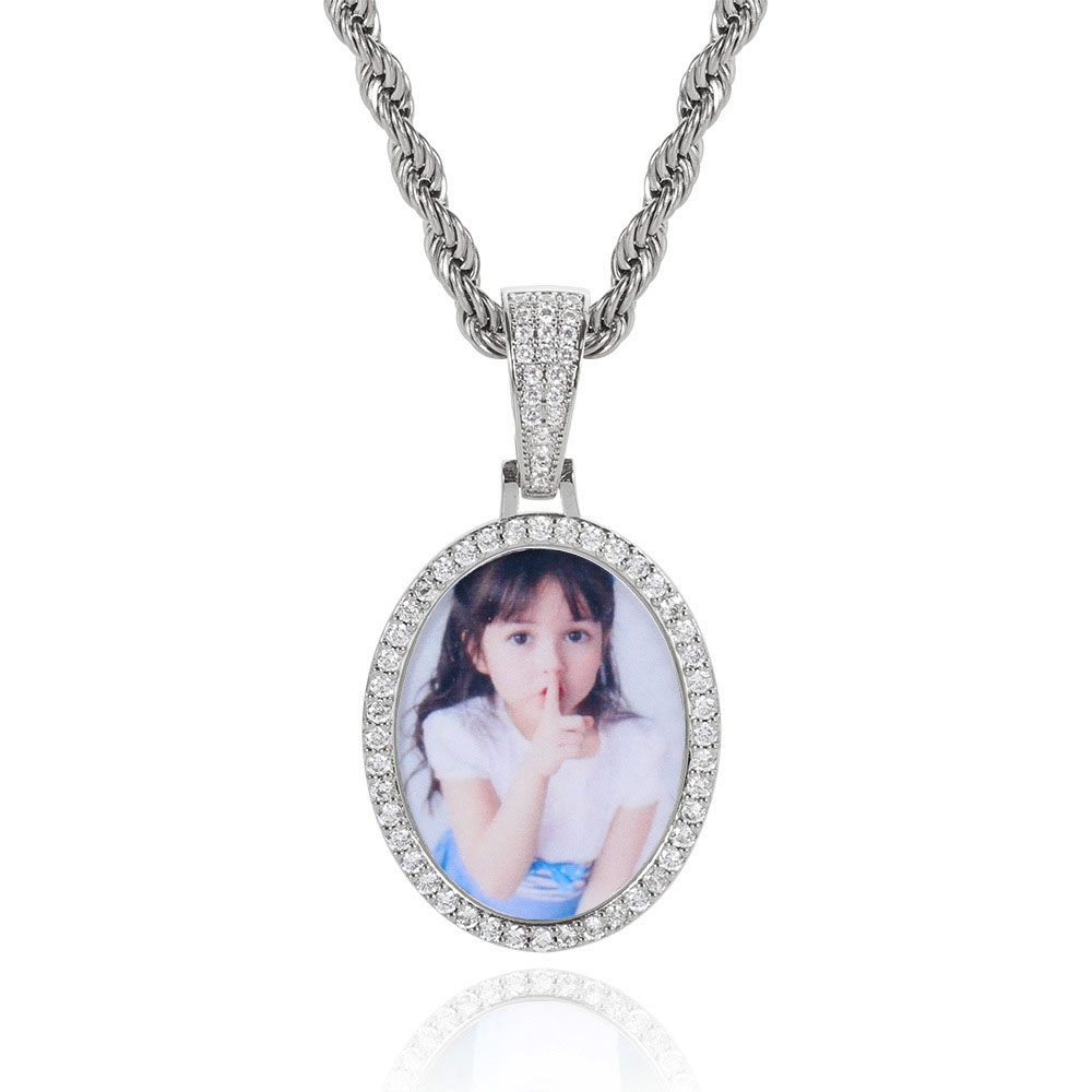 Custom Iced Out Oval Photo Pendant Necklace Silver Plating