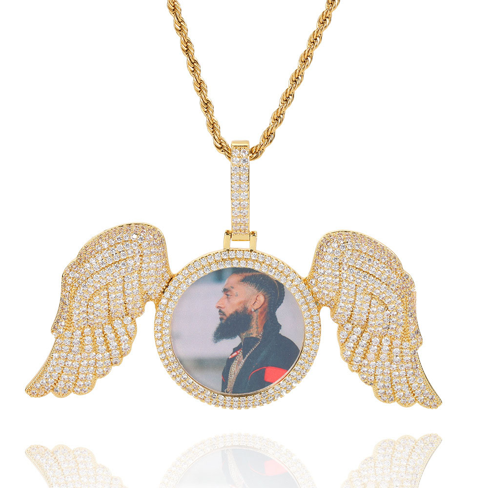 Custom Large Iced Angel Wings Photo Pendant Gold Plating