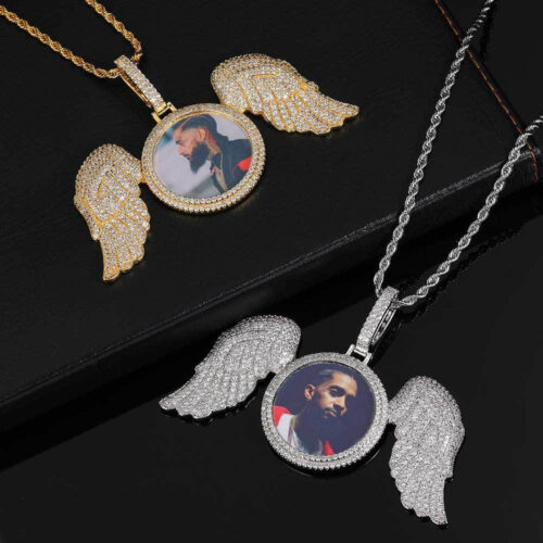 Custom Large Iced Angel Wings Photo Pendant Wholesale