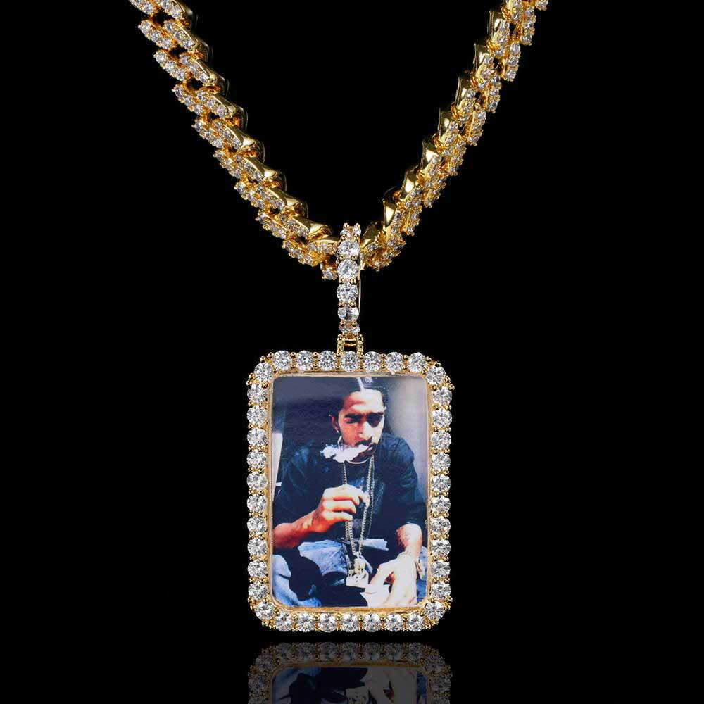 Custom Large Men's Rectangular Photo Pendant Gold Plating