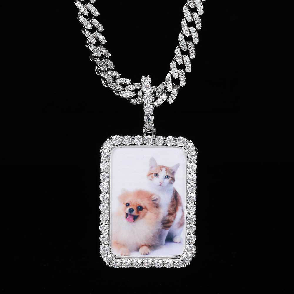 Custom Large Men's Rectangular Photo Pendant Silver Plating