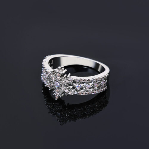 Dainty Iced Out CZ Snowflake Band Ring Silver Plating