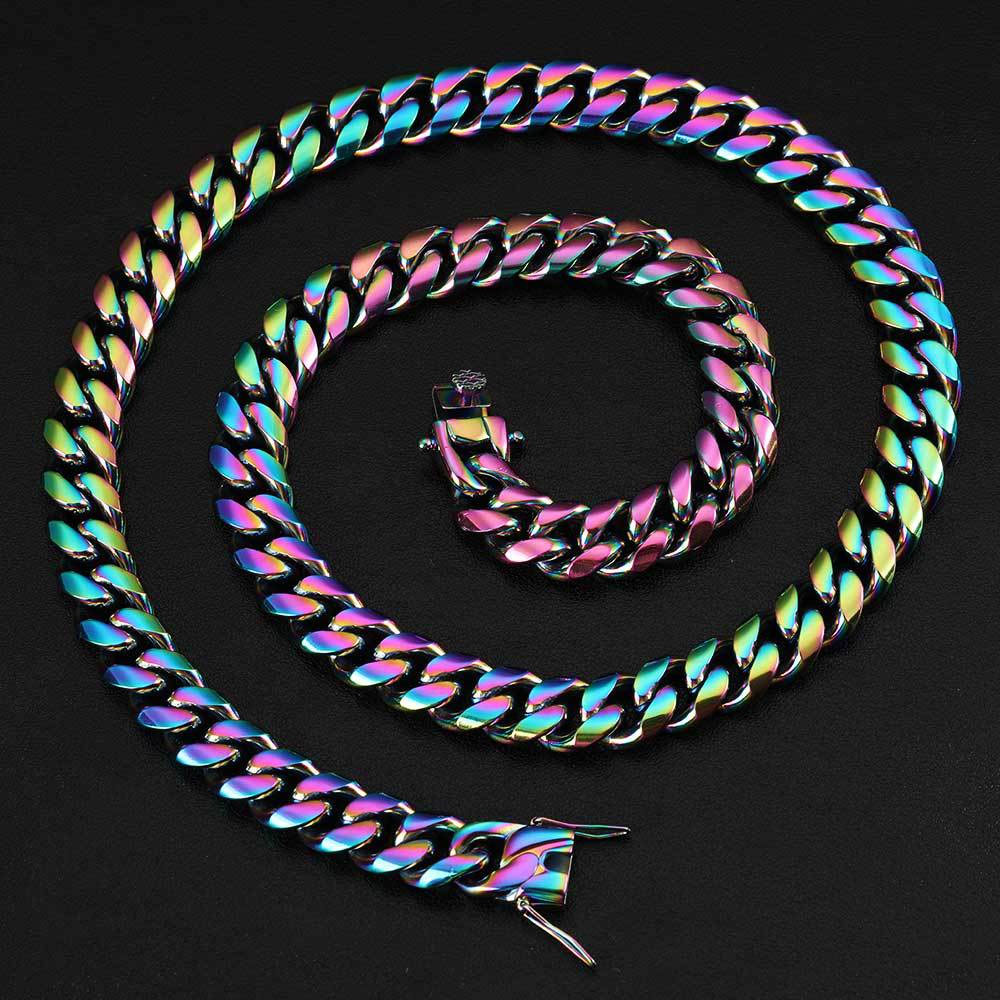Heavy Stainless Steel Cuban Link Chain Necklace Iridescent Plating