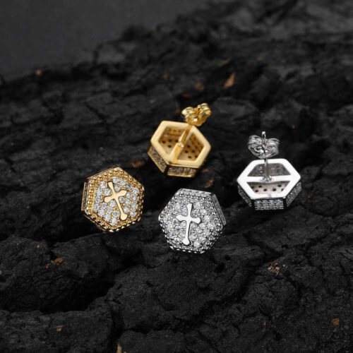 Hexagonal Stud Earrings With Cross Design