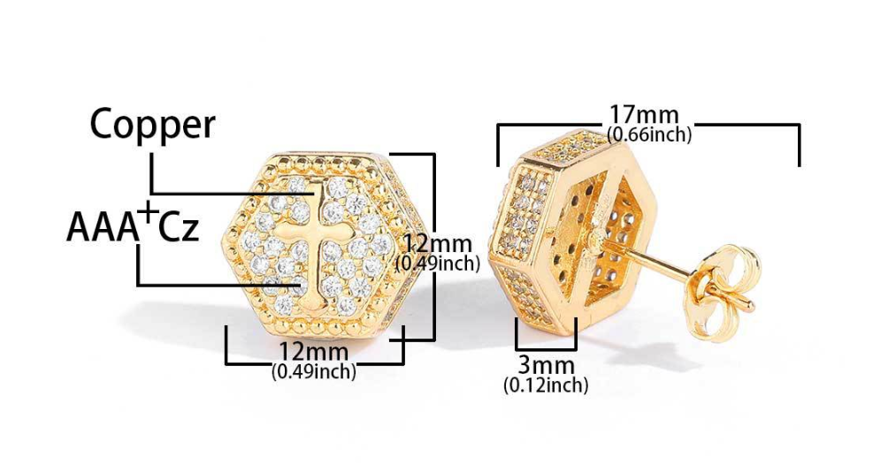 Hexagonal Stud Earrings With Iced-out And Cross Design.