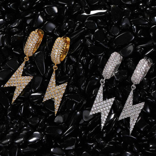 Hip Hop Iced Out CZ Lightning Bolt Dangle Earrings