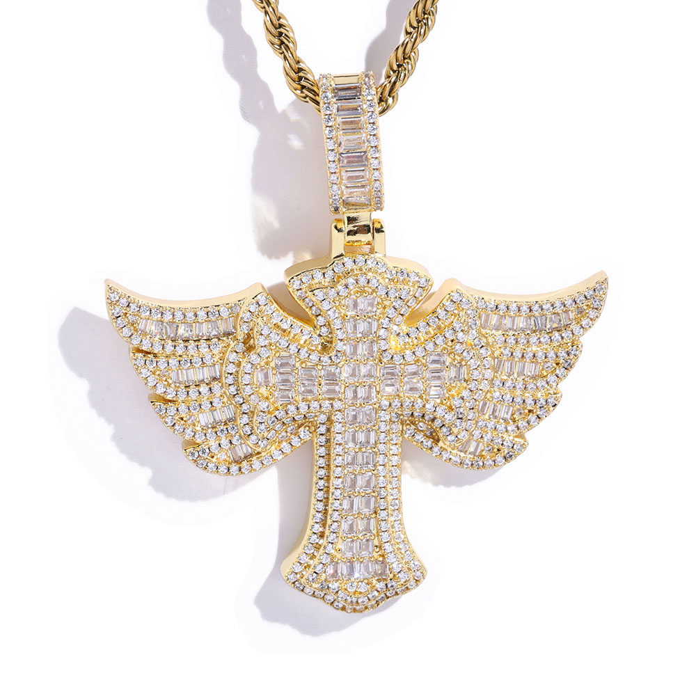 Iced Out Baguette Angel Winged Cross Pendant Gold Plating