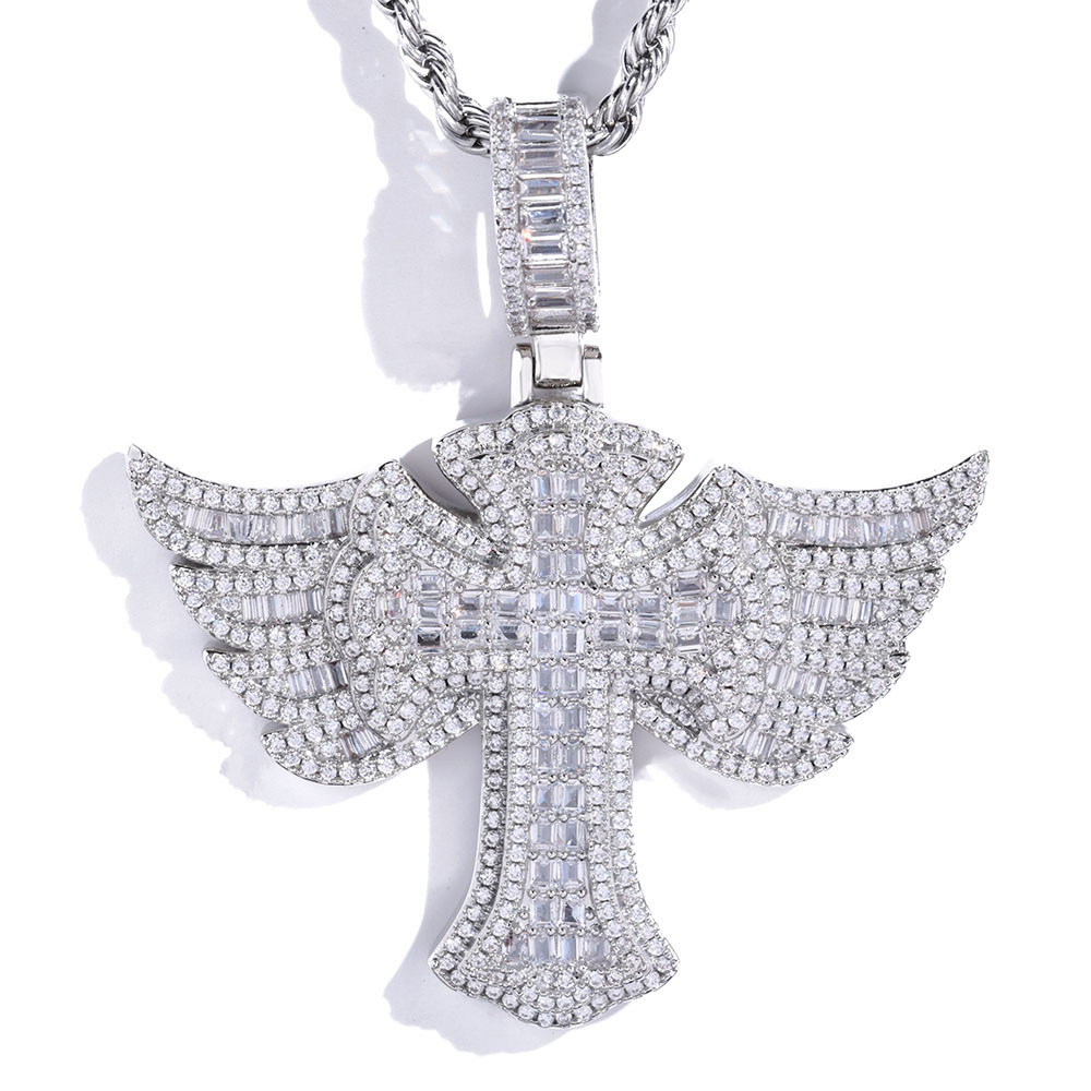 Iced Out Baguette Angel Winged Cross Pendant Silver Plating