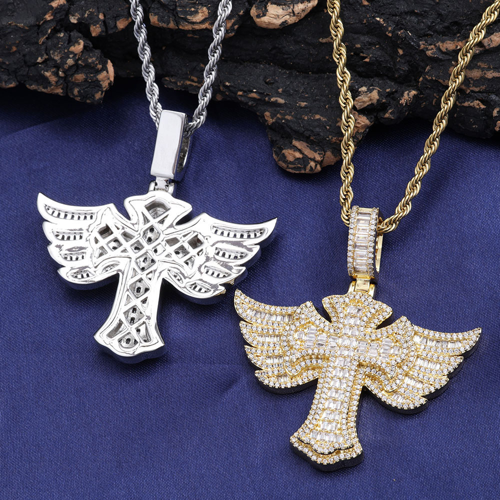 Iced Out Baguette Angel Winged Cross Pendant Vendor