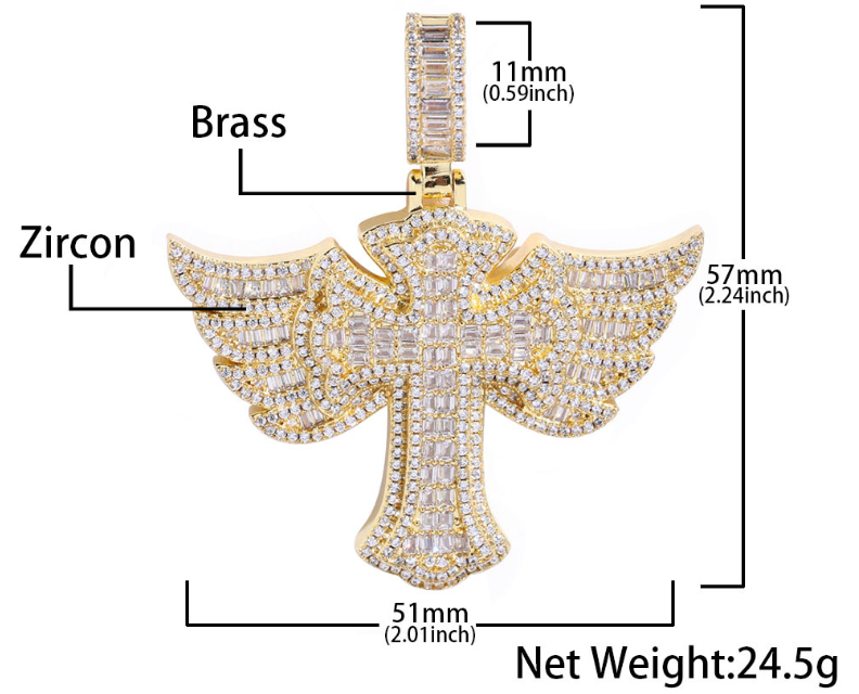Iced Out Baguette Angel Winged Cross Pendant Iced Out Baguette Angel Winged Cross Pendant Vendor