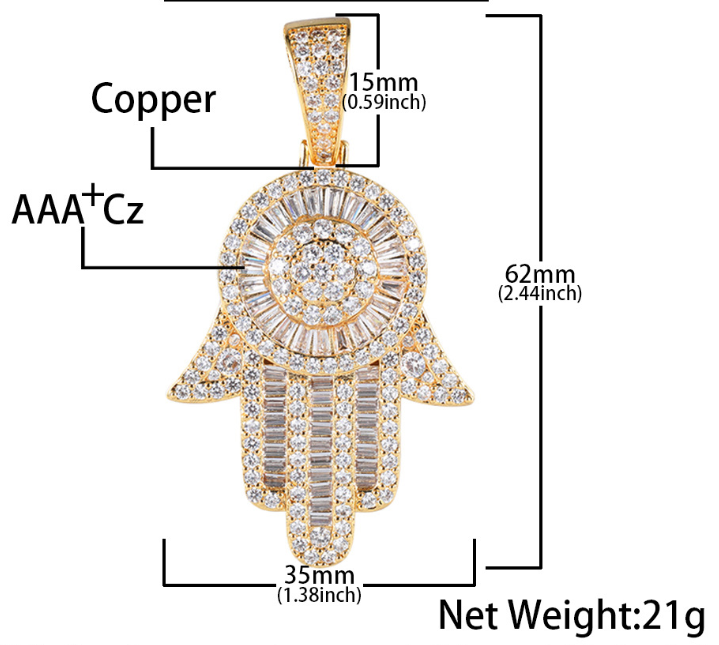 Iced Out Baguette CZ Hand of Fatima Pendant