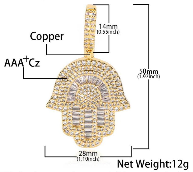 Iced Out Baguette Hamsa Hand Pendant Necklace