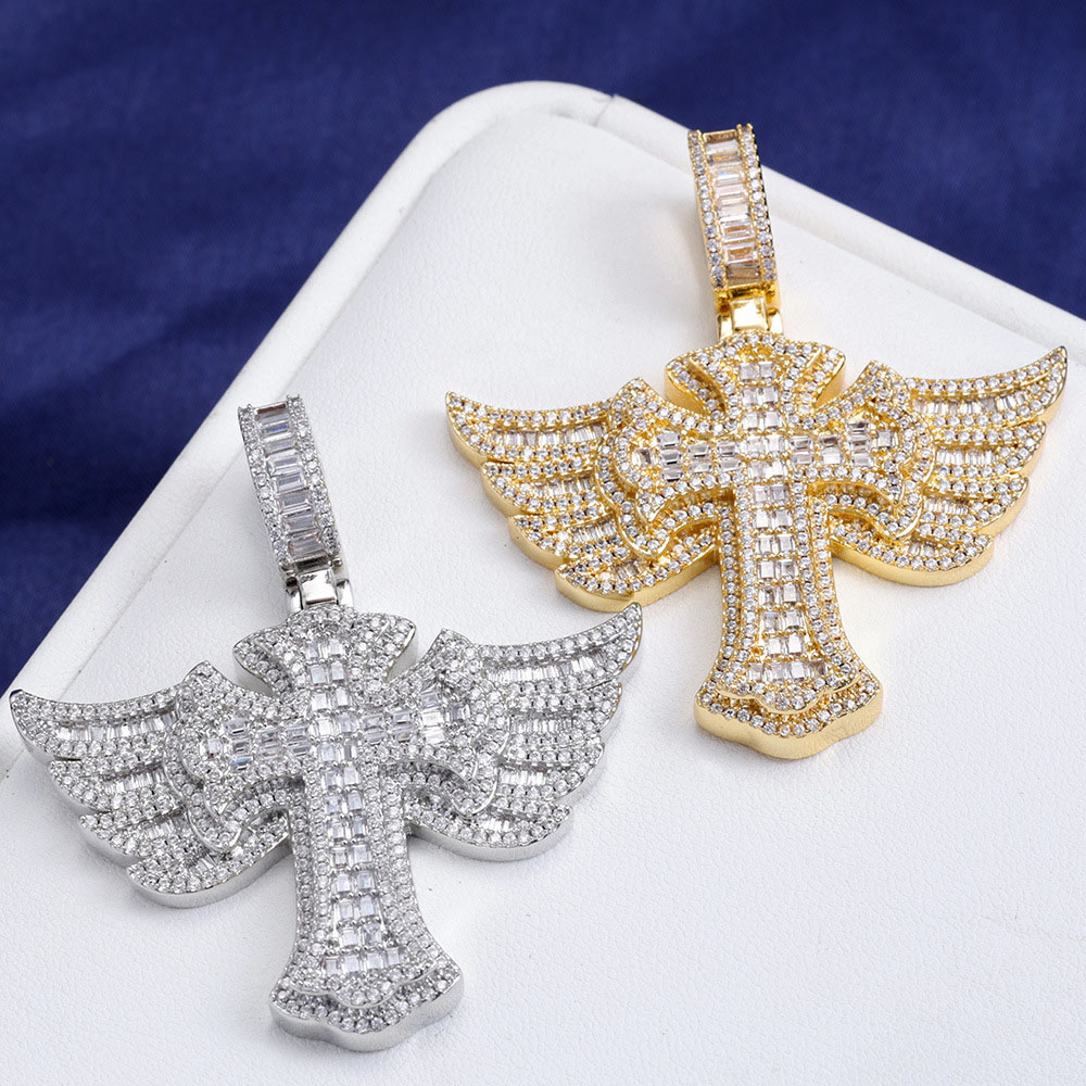 Iced Out Baguette Moissanite Angel Wings Cross Pendant Necklace