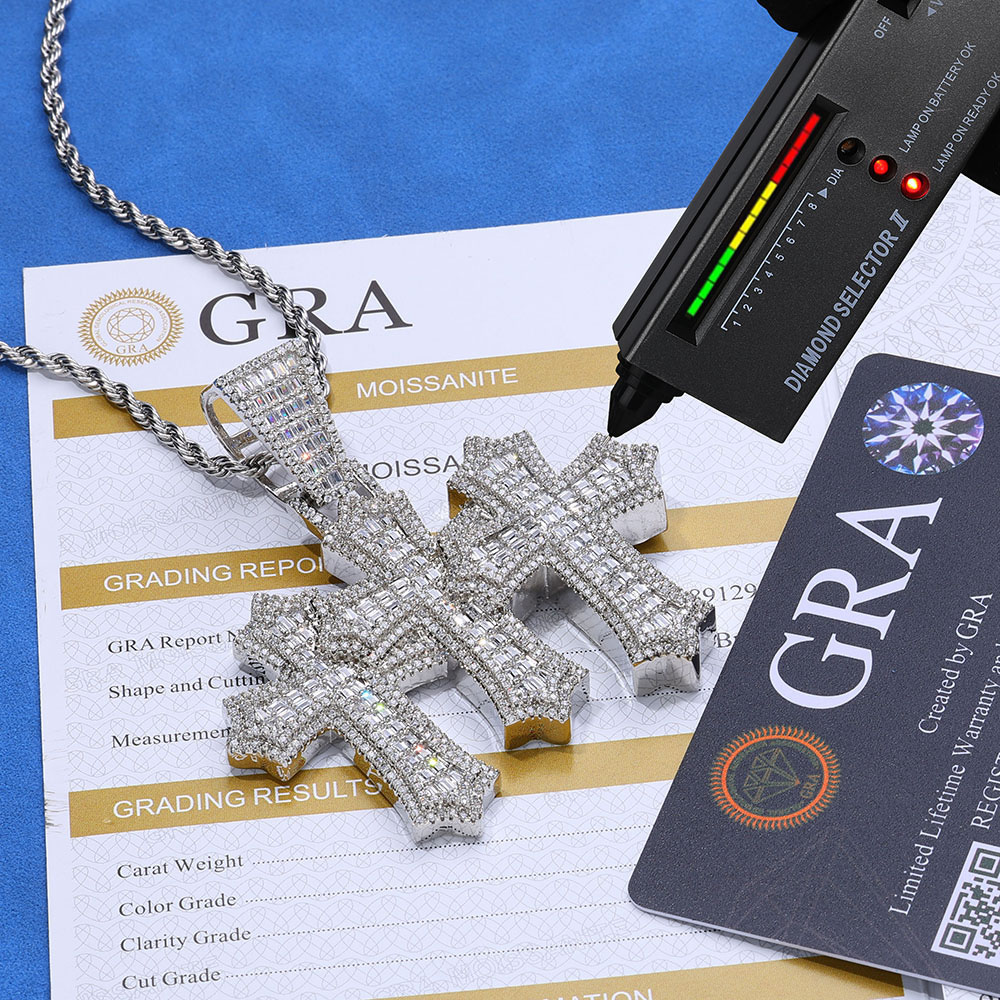Iced Out Baguette Moissanite Triple Cross Pendant Rhodium Plating