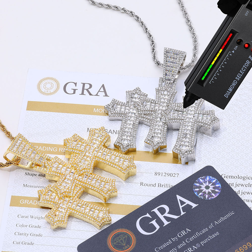 Iced Out Baguette Moissanite Triple Cross Pendant