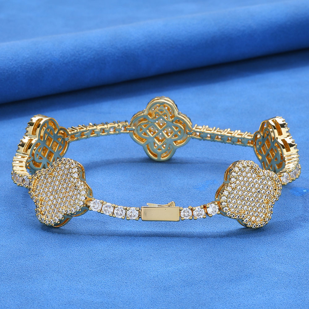 Iced Out CZ 4 Leaf Clover Tennis Bracelet Gold Plated