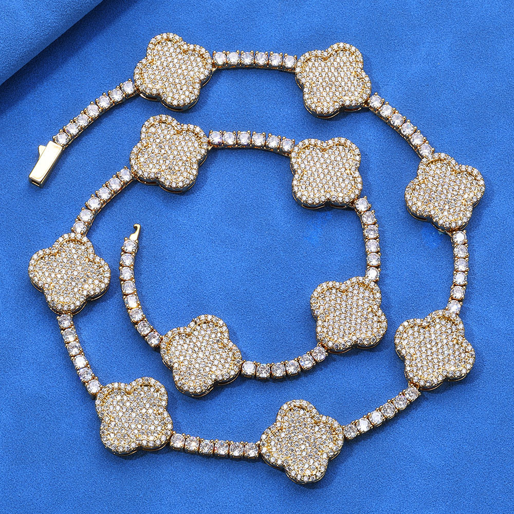 Iced Out CZ 4 Leaf Clover Tennis Chain Necklace 18K Gold Plated