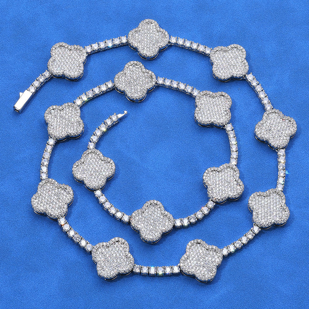 Iced Out CZ 4 Leaf Clover Tennis Chain Necklace Silver Plated
